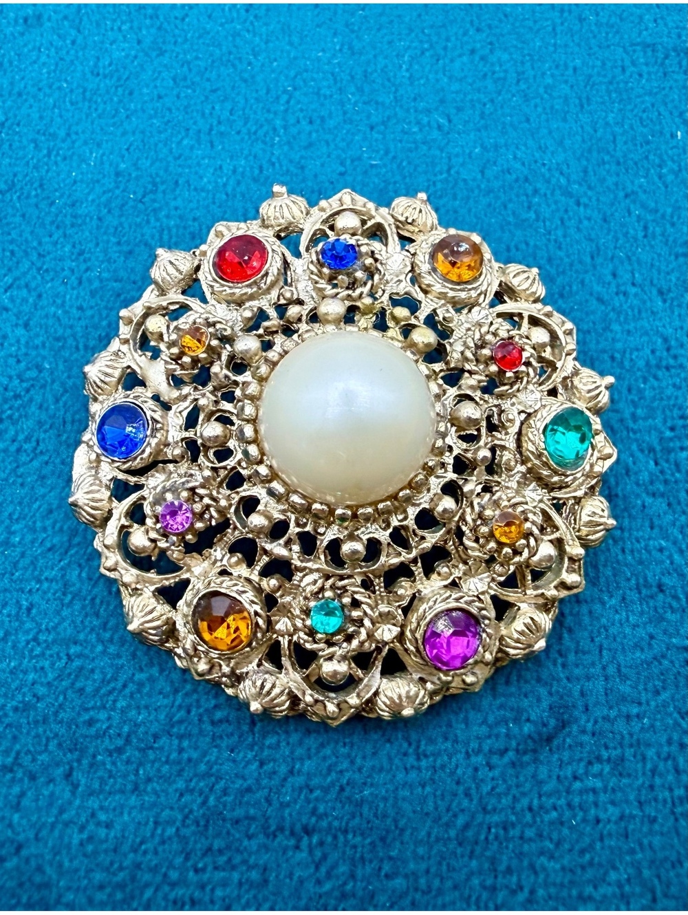 Vintage Jeweled Filigree Brooch Multicolor Rhinestones Faux Pearl Statement Pin